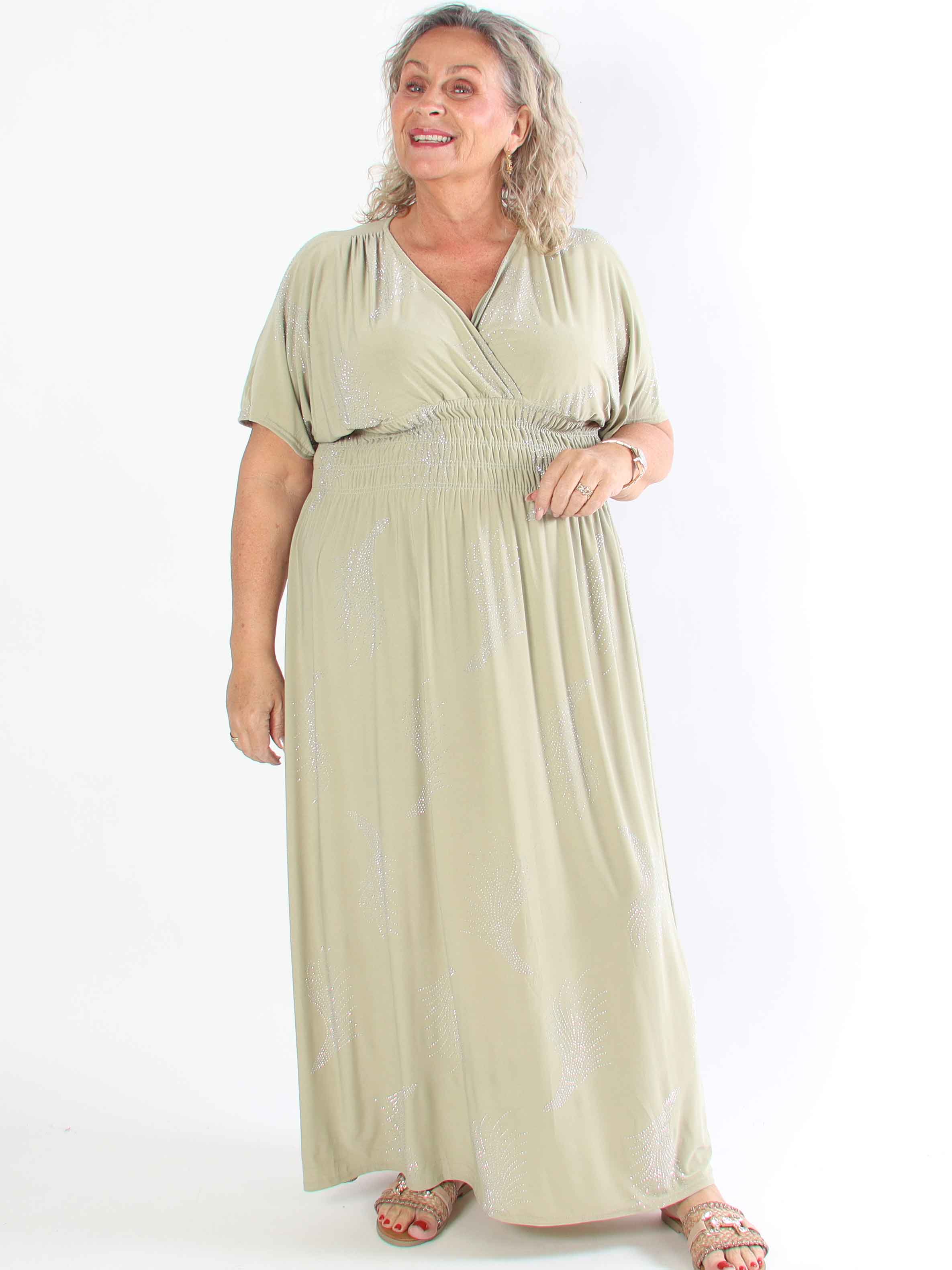 Pams Leaf Crystal - Lang elastisk plus size kjole med mønster af similisten